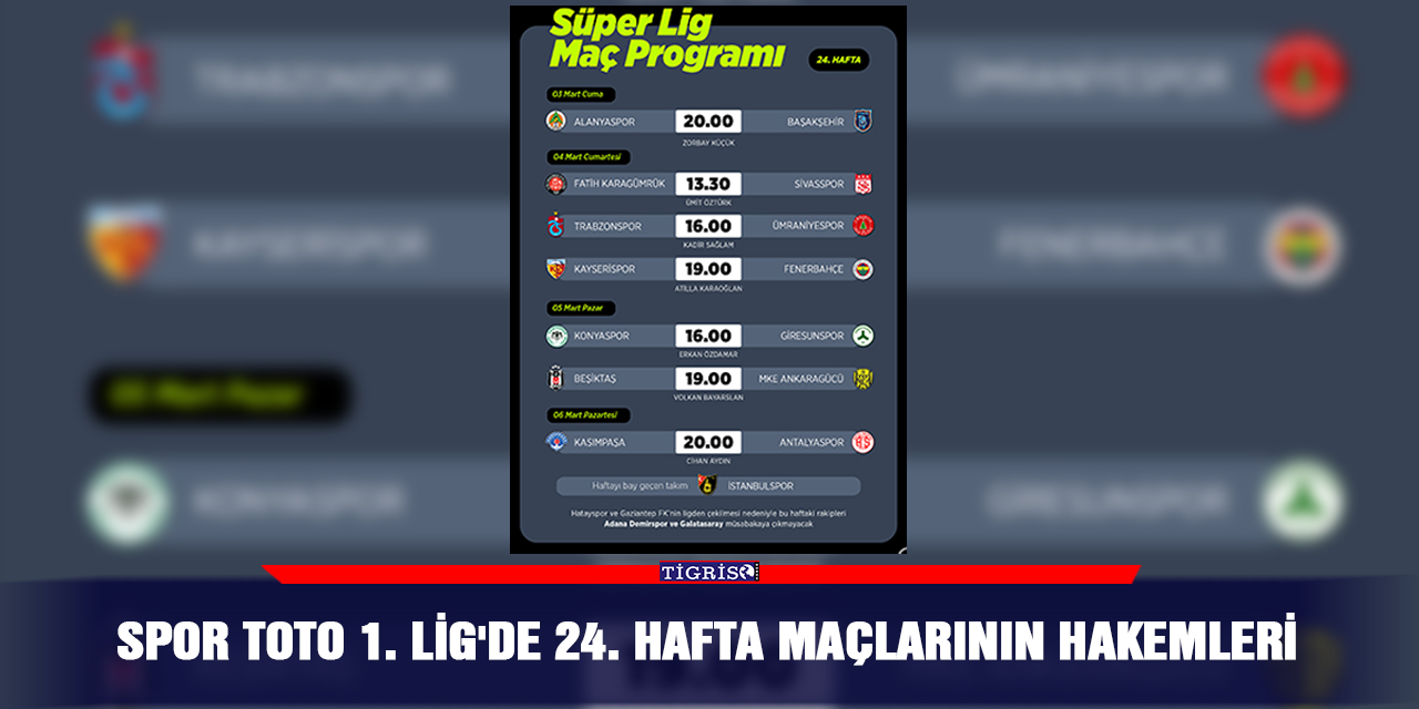 Spor Toto 1. Lig'de 24. hafta maçlarının hakemleri
