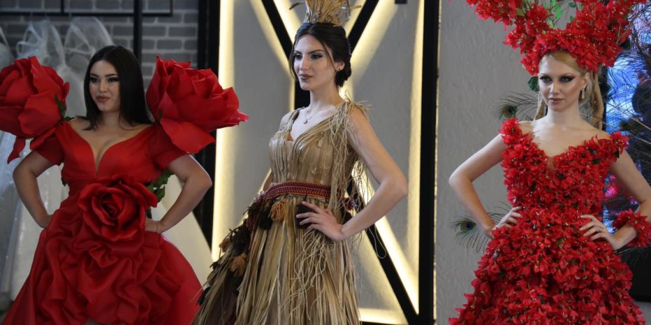 Diyarbakır'da ipek kozası tasarımlarla hazırlanan gelinlikler sergilendi