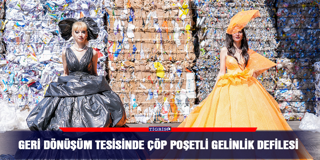 Geri dönüşüm tesisinde çöp poşetli gelinlik defilesi