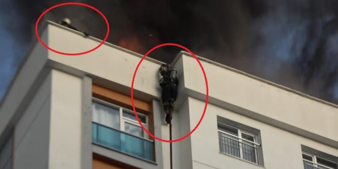 VİDEO - Alevler arasında kalan itfaiye eri kendini itfaiye hortumuyla aşağı bıraktı
