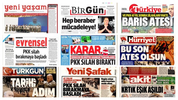 PKK’nin silah yakma töreni gazete manşetlerinde