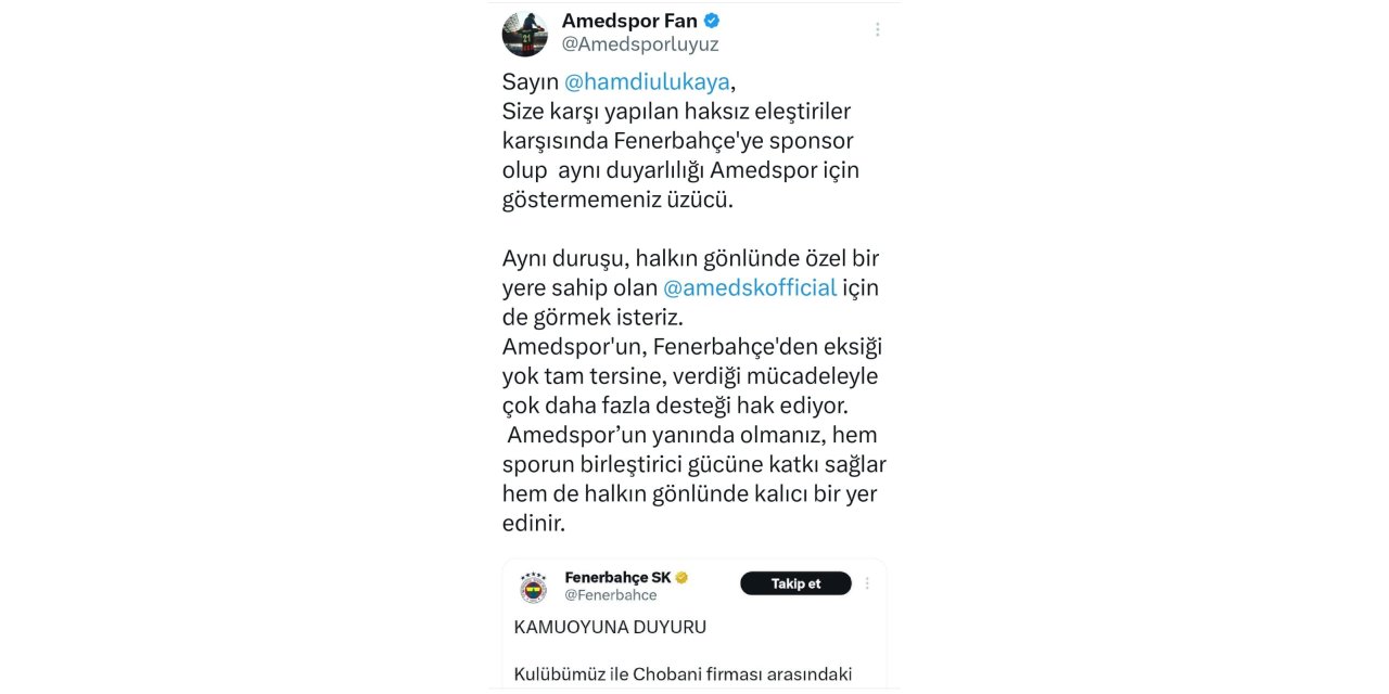 Amedspor Taraftarlarından Hamdi Ulukaya'ya "Amedspor da Bu Desteği Hak Ediyor"