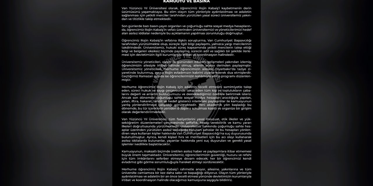 Van Yüzüncü Yıl Üniversitesi’den Rojin Kabaiş açıklaması
