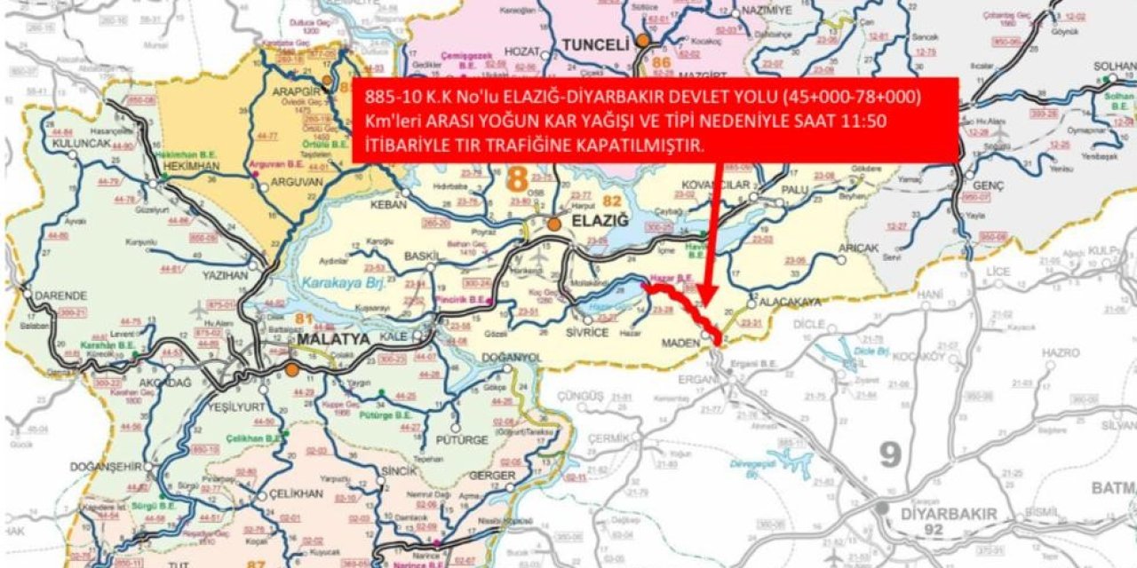 Elazığ-Diyarbakır karayolu ağır taşıt trafiğine kapatıldı