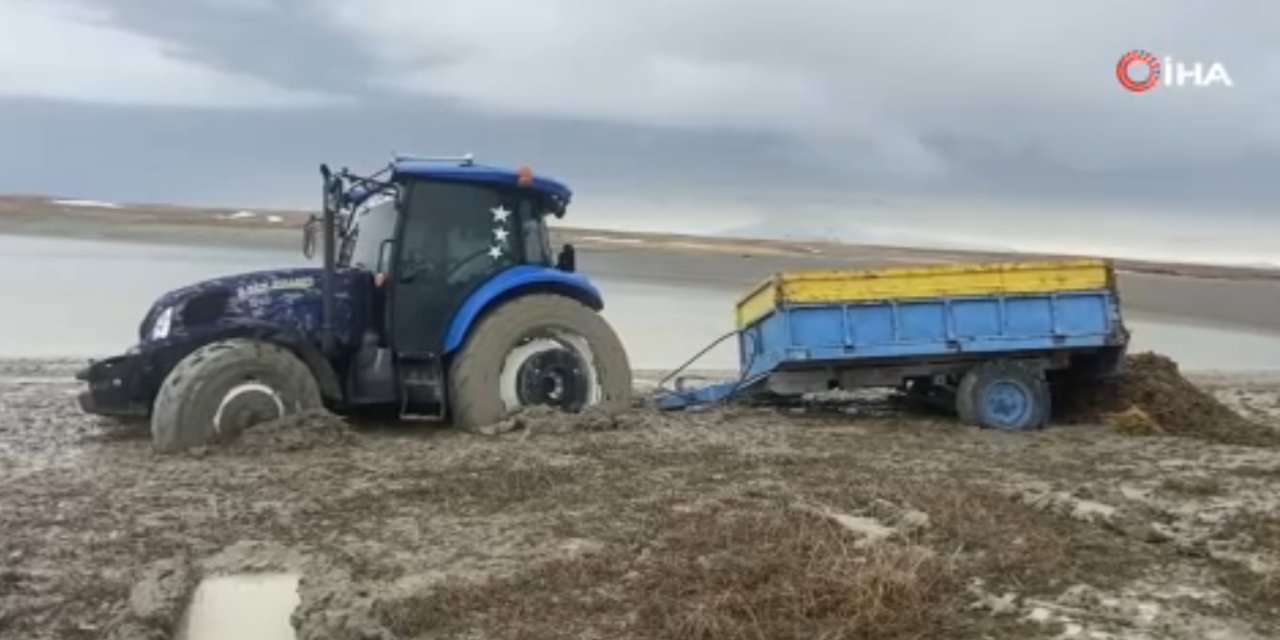 Van Gölü kıyısında traktör çamura saplandı