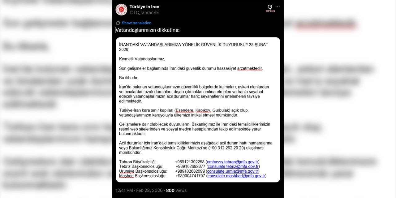 Türkiye'den İran'daki vatandaşlarına güvenlik uyarısı