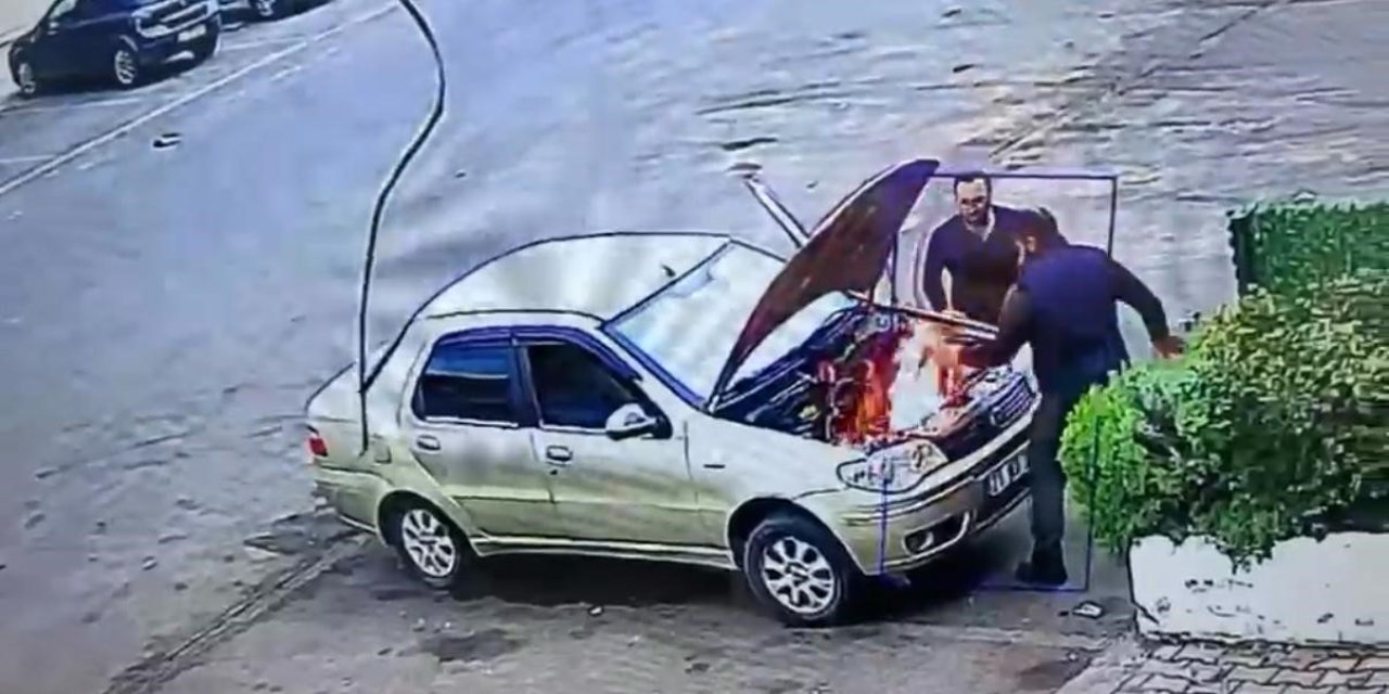 Diyarbakır’da alev alan otomobili üfleyerek söndürmeye çalıştı