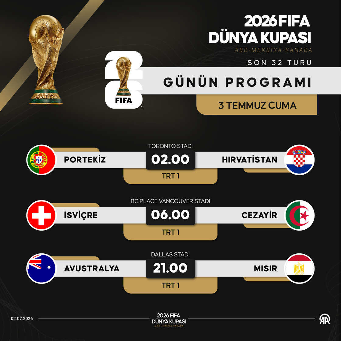 2026 Dünya Kupası’nda yarın 3 maç yapılacak